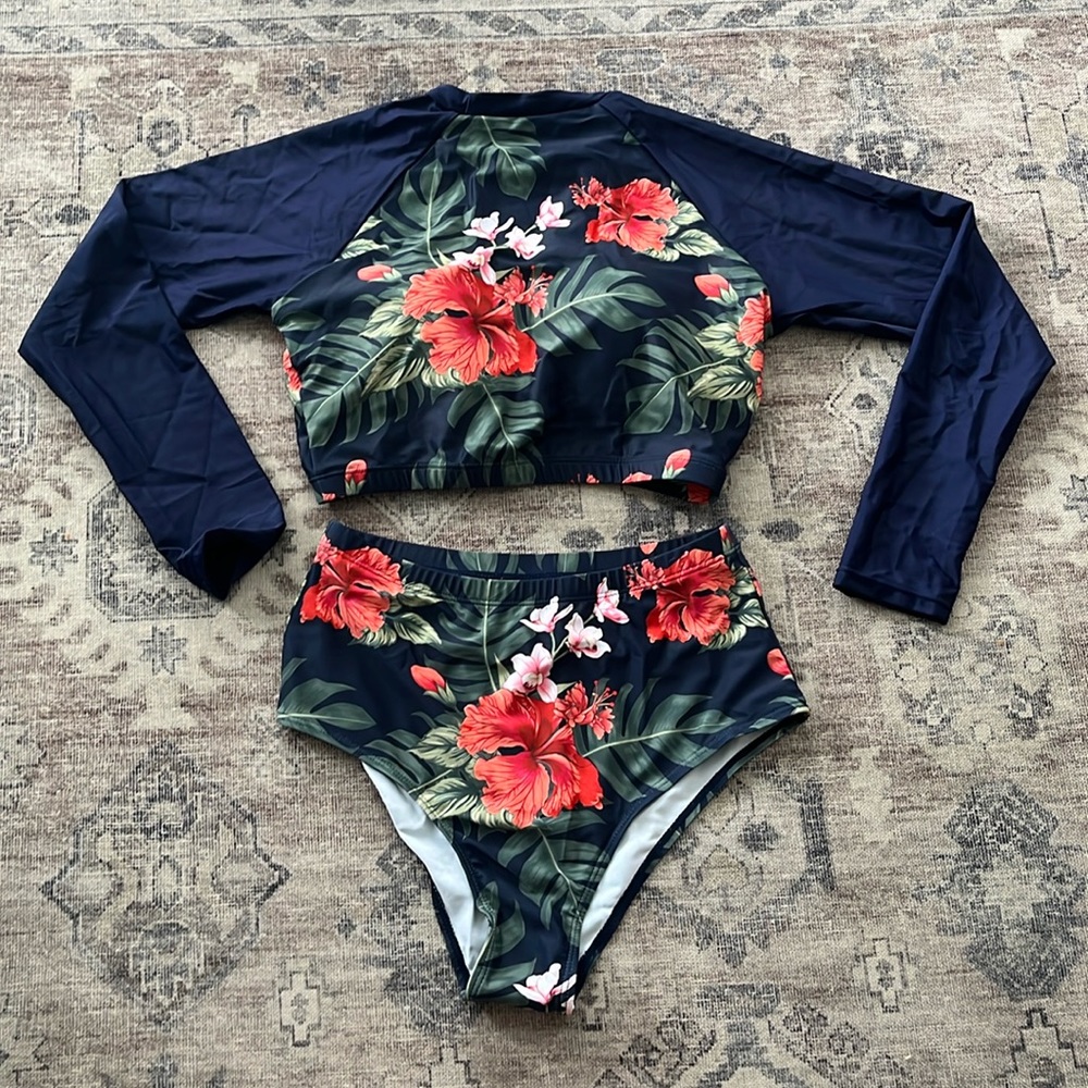 Long Sleeve Rash Guard high Waisted Bikini Surf Set Medium Md M
